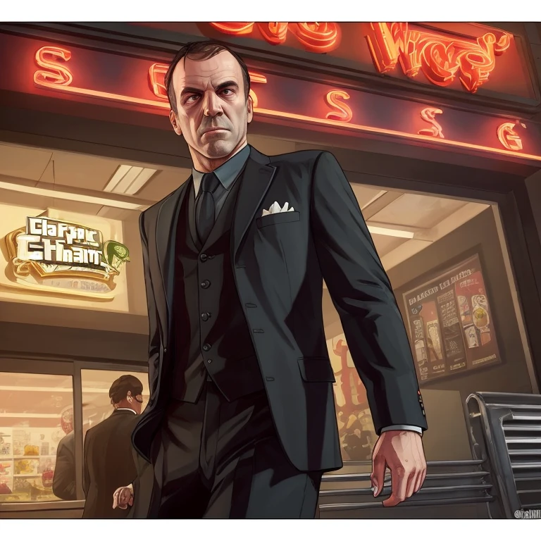 best quality, artwork-gta5 heavily cartoonish stylized portrait, (hyperdetail:1.15), (soft light, sharpness:1.2), action pose, action shot, (delirium) chaotic storm of liquid smoke, the beatles in black suit, near bank entrance, gtaV, gta5