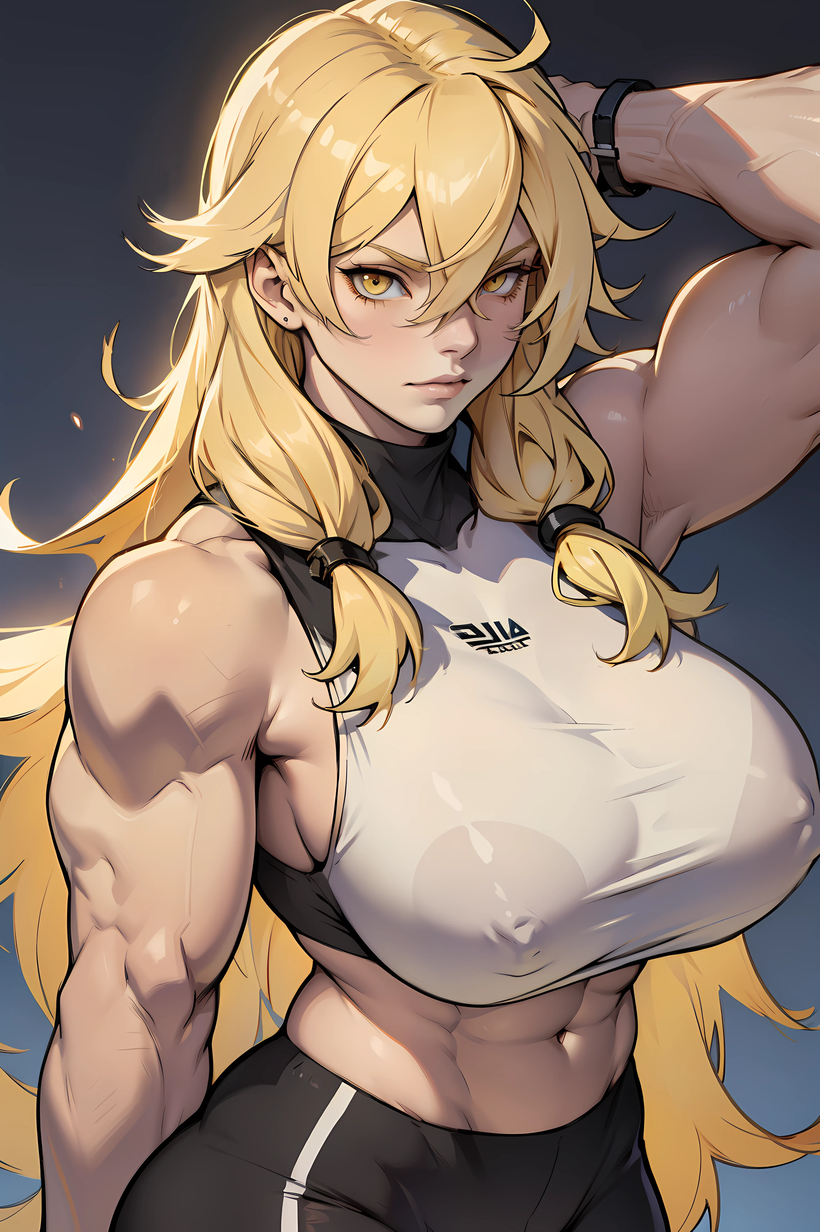 girl huge muscles huge breasts pale skin light blonde long hair yellow eyes hair between eyes
