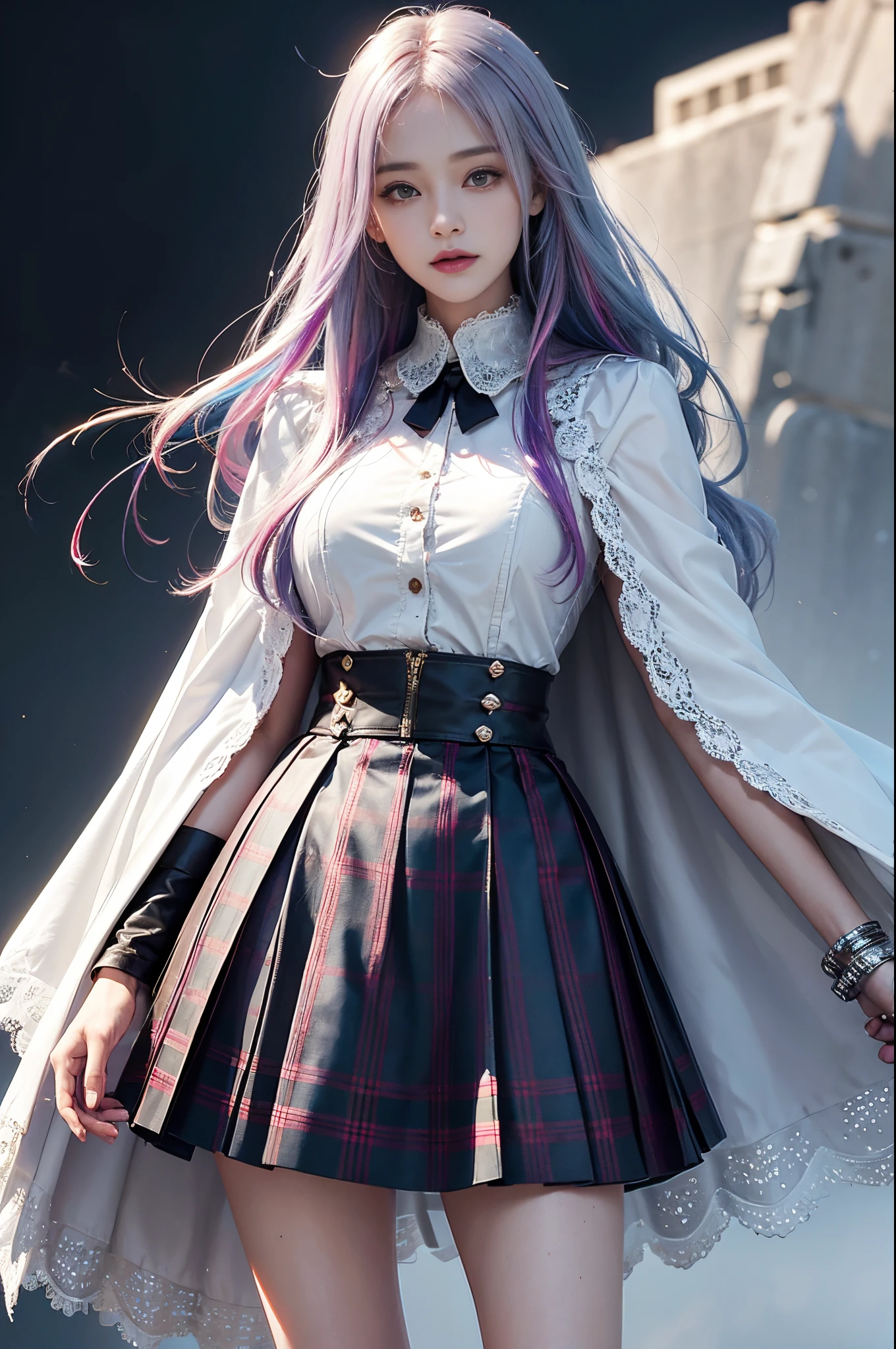 one-girl, long eyelasher, ssmile, rainbow hair ,Cinematic texture, Wear sexy and fashionable, 8K,super short plaid skirt,lace cape, Best quality at best, Ultra-realistic skin texture, long, floated hair,long slim figure,delicated face,Full body photo,in background bluring,A white space ,