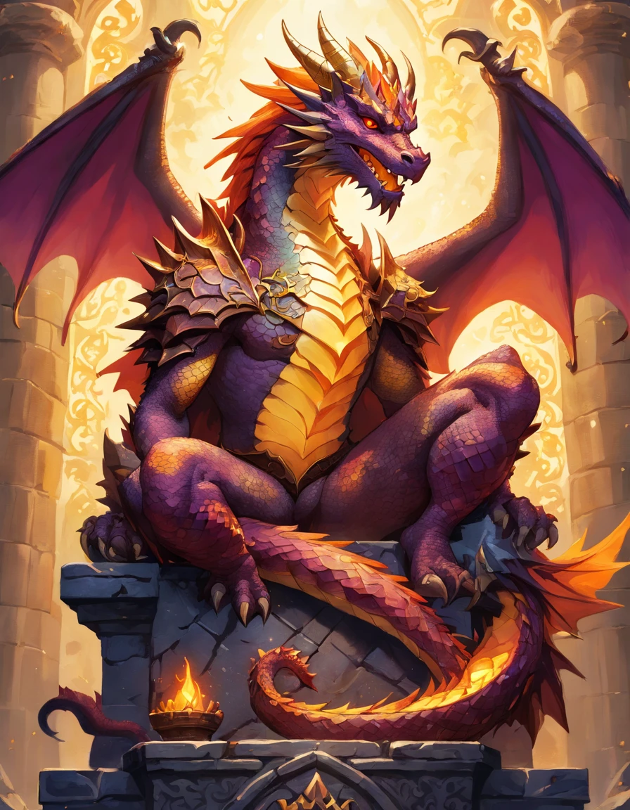 Female, large, fierce dragon, feral, wearing golden jewelry, on top of dragon hoard, in dimly lit cave, intimidating, bulky