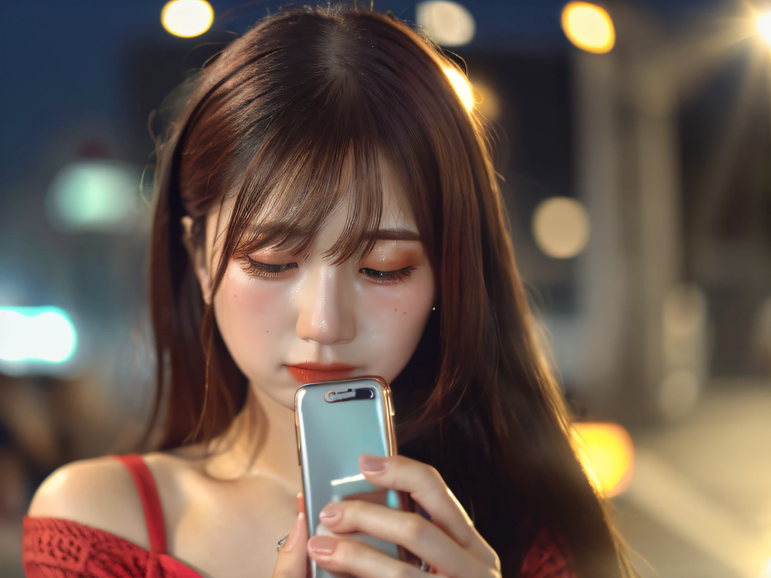 ​masterpiece、top-quality、hyperdetailed face、ultra-detailed hair、red clothing、station、Holding your smartphone in one hand、gazing into distance、crying how bright、Tears