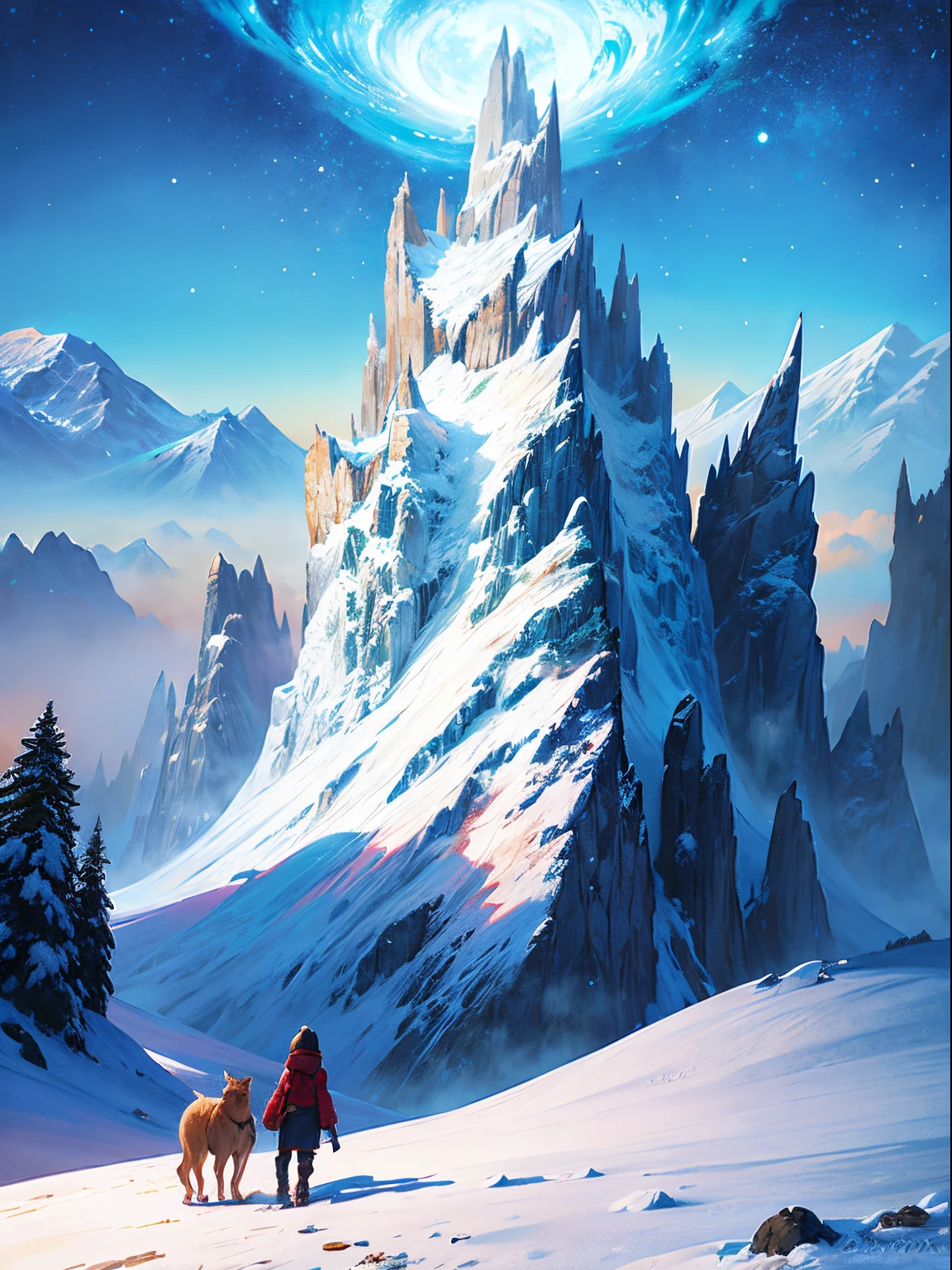 snowy mountain landscape with a woman and two dogs on the snow, 2. 5 d cgi anime fantasy artwork, makoto shinkai cyril rolando, trending on artstation pixiv, in the snow mountains, anime fantasy illustration, winter concept art, anime in fantasy style, jessica rossier fantasy art, stunning digital illustration, made with anime painter studio, anime fantasy artwork