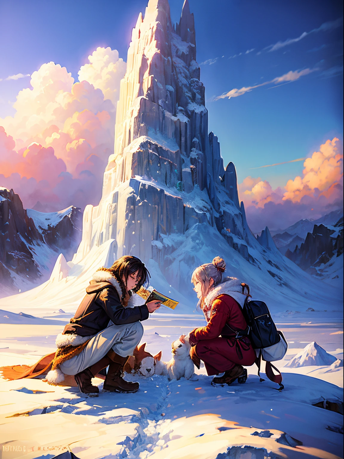 snowy mountain landscape with a woman and two dogs on the snow, 2. 5 d cgi anime fantasy artwork, makoto shinkai cyril rolando, trending on artstation pixiv, in the snow mountains, anime fantasy illustration, winter concept art, anime in fantasy style, jessica rossier fantasy art, stunning digital illustration, made with anime painter studio, anime fantasy artwork