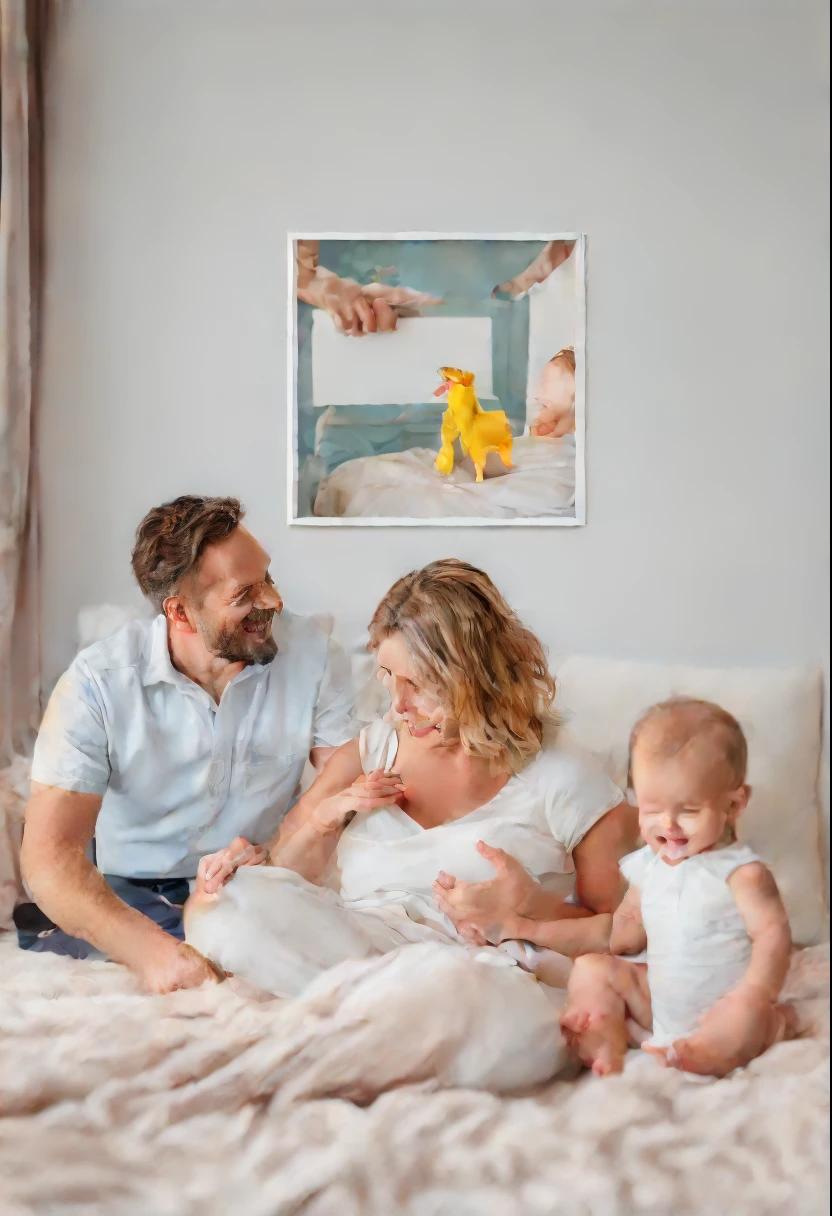 Parents proudly hold a 50 x 50 cm frameless canvas in their hands, auf der ihr Baby aufgedruckt ist. Sie lachen spontan.