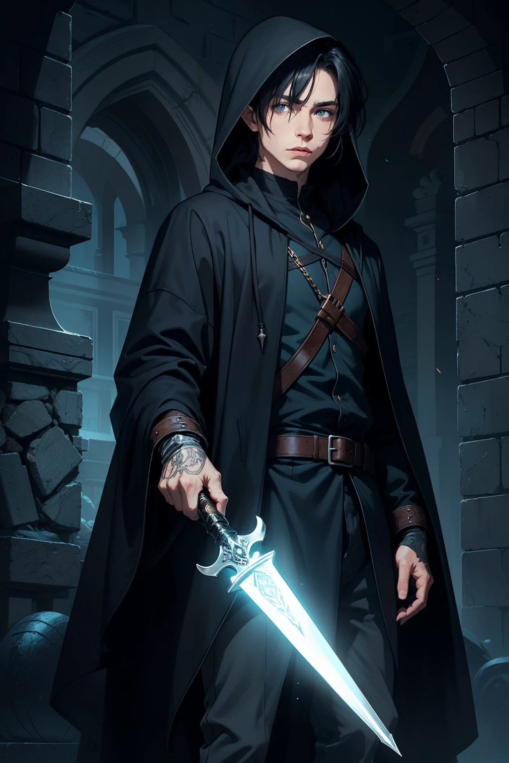 man mysterious elf assassin arcane trickster rogue dark robe hooded, blue eyes, short black hair, with a dagger, casting a spell