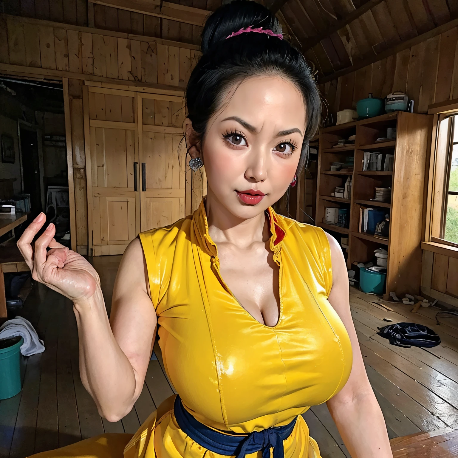 (masterpiece:1.1, Best Quality:1.1, 32K HDR, High resolution), (1girl in, Solo), (Ultra-realistic portrait of Chichi(older):1.1, Dragon ball Z, mature Chichi, milf), black hair, updo hair, Dango hair, ((yellow China dress, Chinese fighting uniform)), gigantic cleavage, Colossal tits, Huge boobs, huge-breasted, (Inside an abandoned hut:1.1, farms, Perfect slim body:1.1), hyper detailed face, Detailed eyes, Realistic skin texture, Detailed explanation of the skin, (show me her shaved armpits:1.25, squat down, insert a huge dildo into her vagina, ride a huge dildo),