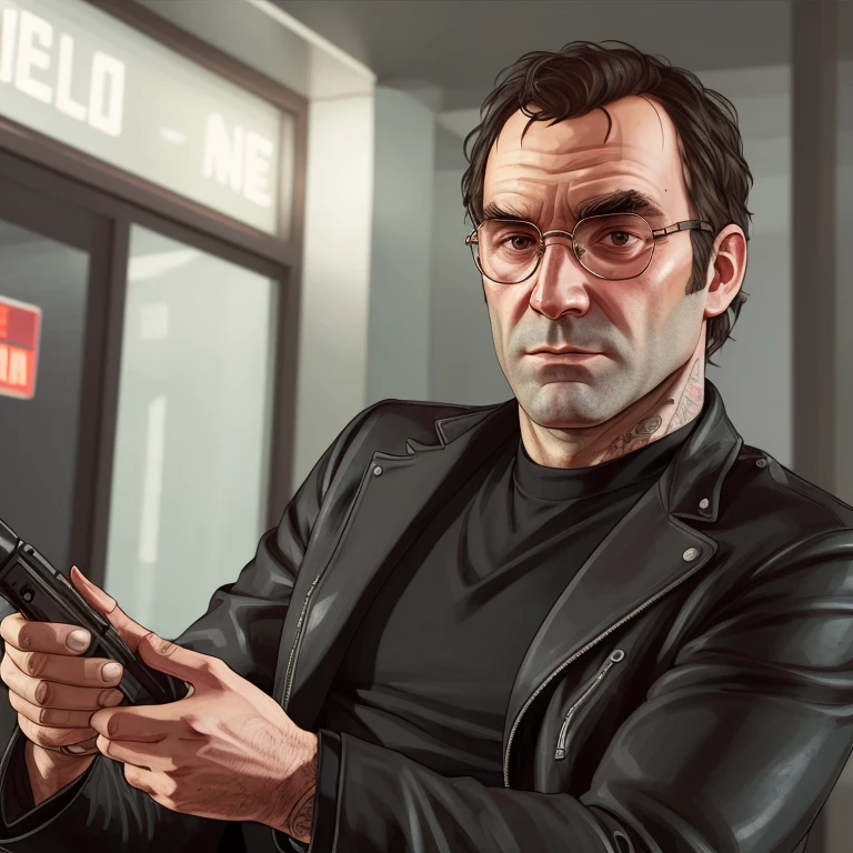 best quality, artwork-gta5 heavily cartoonish stylized portrait, (hyperdetail:1.15), (soft light, sharpness:1.2), action pose, action shot, (delirium) chaotic storm of liquid smoke, John Lennon in black suit, near bank entrance, gtaV, gta5