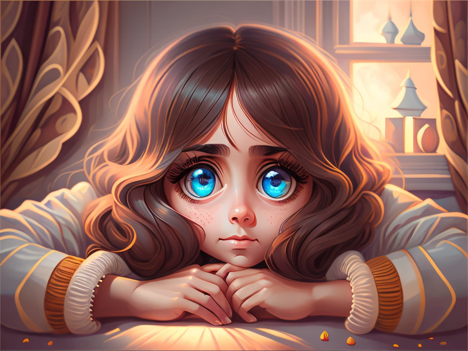 (Best quality at best,4K,A high resolution,tmasterpiece:1.2),ultra - detailed,(actual,realisticlying,Photorealistic:1.37),middling:pixar-style, Melancholic, Neil, twisted, crawling, (big eyes bust)), Salvador Dal paintings have a Tim Burton-esque feel, (Draw one, tmasterpiece, high qulity), With sad girl, Exquisite details highlight her beauty, intense atmosphere, pastelcolor, gentlesoftlighting.