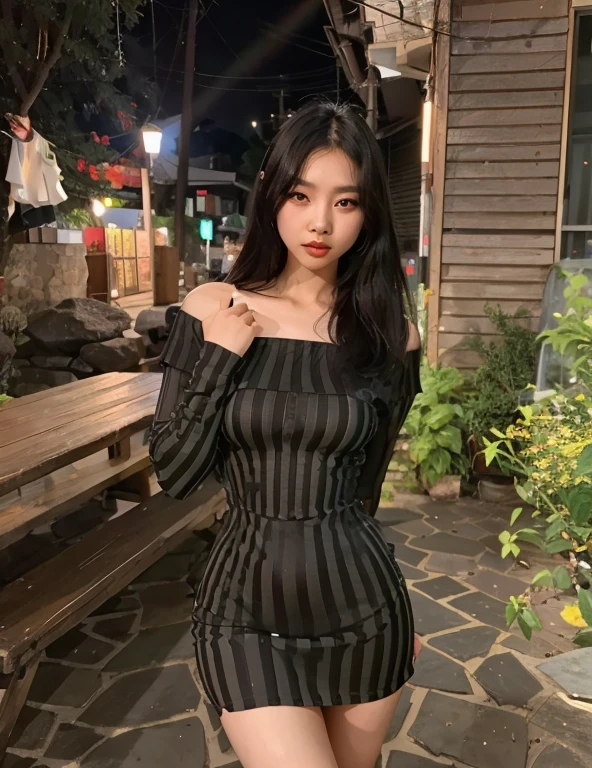 mulher araffe em um vestido listrado preto e branco posando para uma foto, Modelo de moda feminina coreana, menina coreana, linda mulher coreana jovem, vestido sexy, vestido tubo-top, Ulzzang, Mulher sul-coreana bonita, vestido escuro, Mulher coreana, mulher coreana jovem bonita, cruel korean goth girl, Garota Anime usando um vestido preto, vestido preto