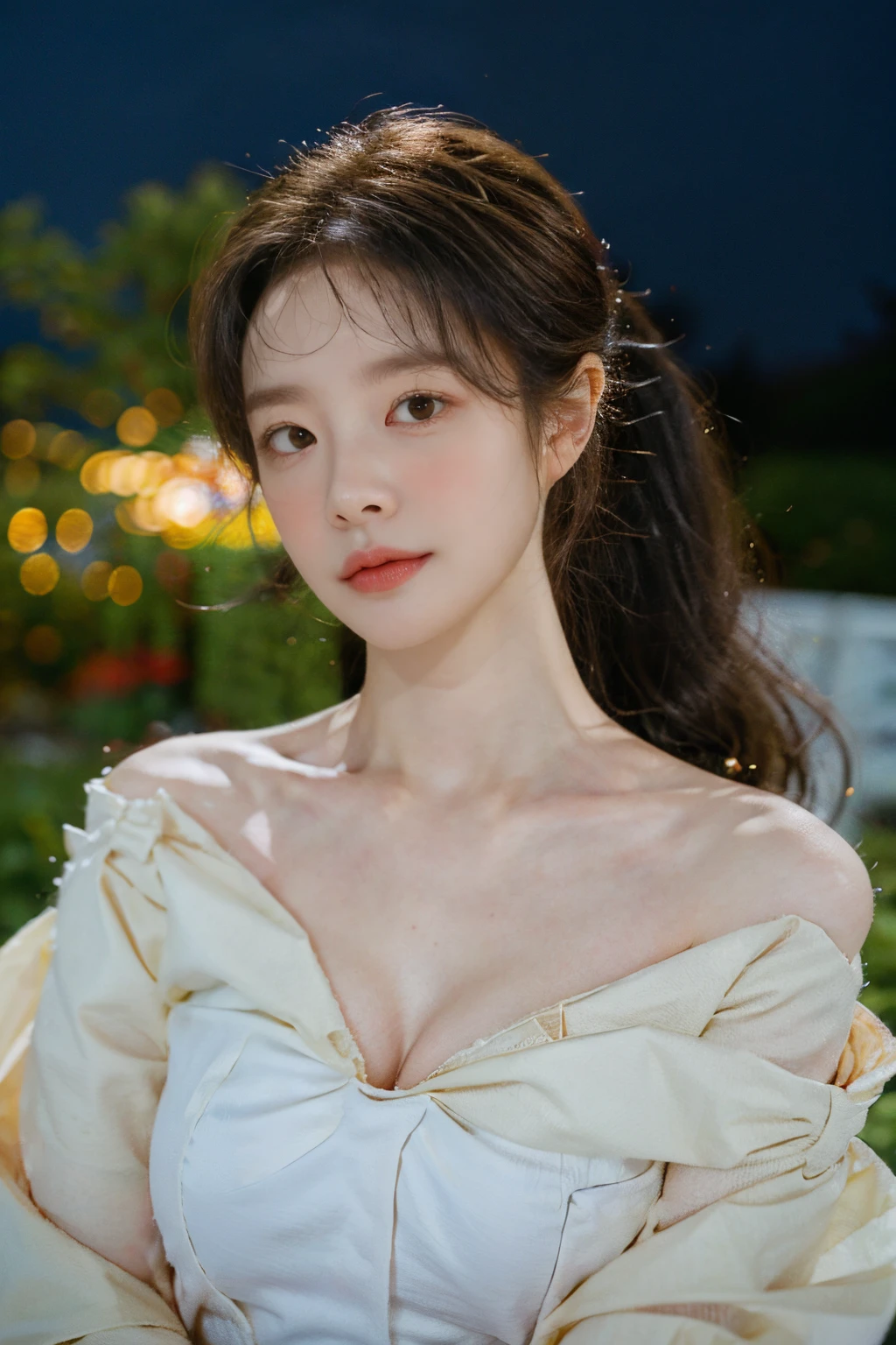 1female, solo, posing, wearing halter_dress, ponytail, brown hair, garden, night sky, bokeh finely detailed skin, sharp focus, raw photo, masterpiece, best quality, soft lighting, dynamic angle, cleavage, kr-pny, parted bangs, collarbone, film grain, delicate, looking at viewer