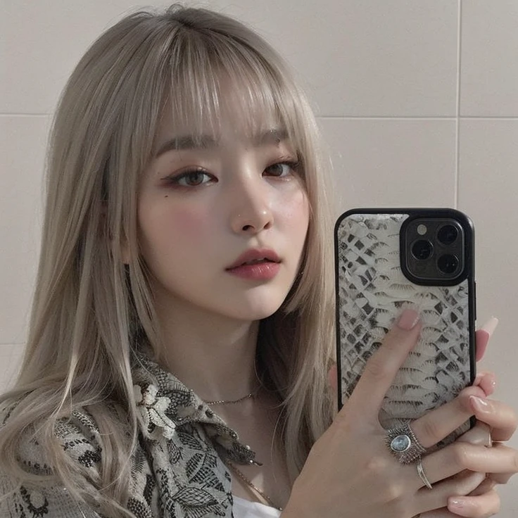 Menina Araffe com longos cabelos loiros segurando um telefone celular, Lalisa Manobal, Lalisa Manoban do Blackpink, Parque Roseanne do Blackpink, longos cabelos brancos e franja, jossi do blackpink, com franja completa, cabelos longos com franja, com franja, cabelo comprido com franja completa, Cl, Ulzzang, Dom Yunjoo