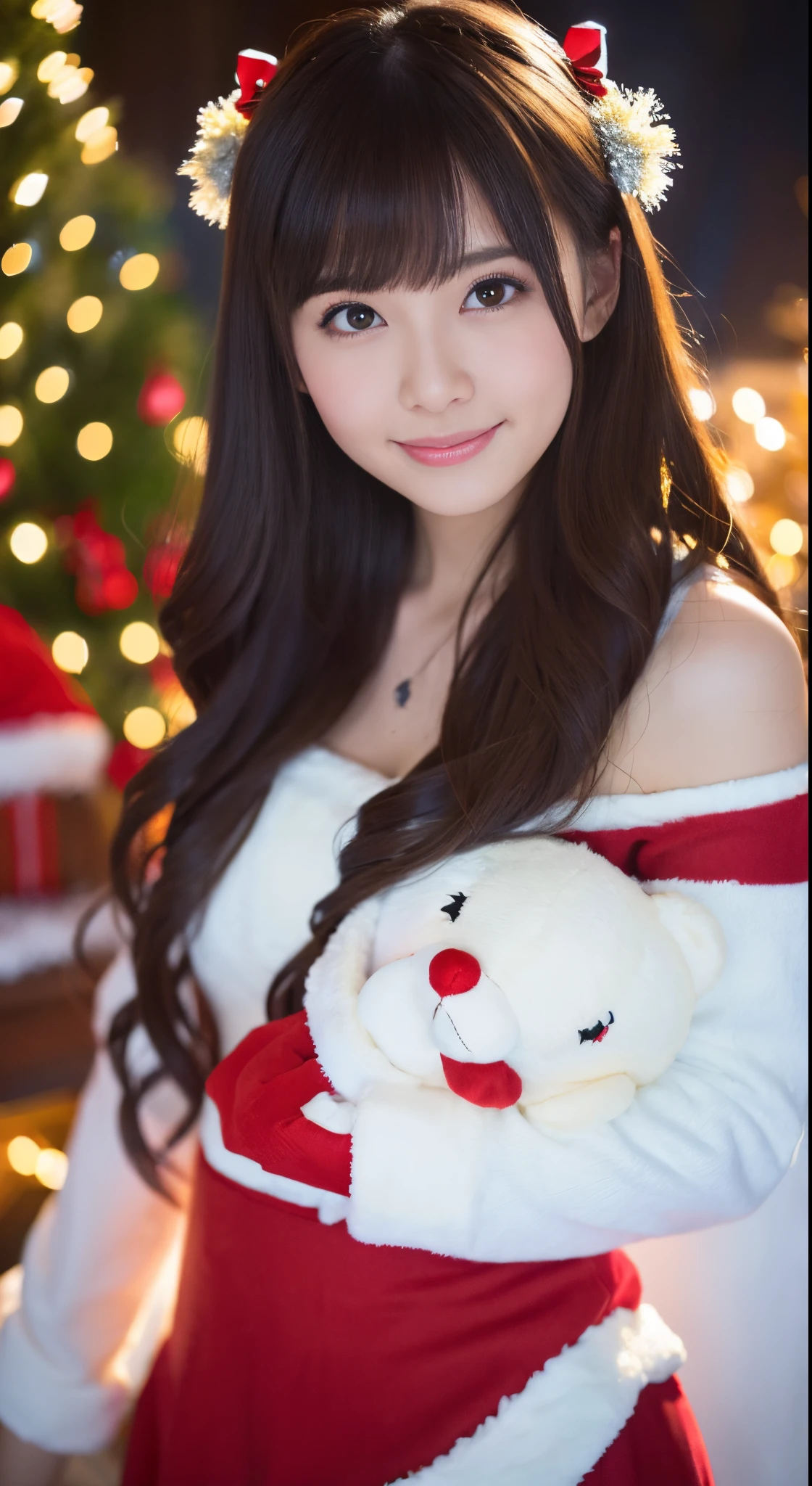 (Best Quality,4K,hight resolution,masutepiece:1.2),Realistic,Christmas,girl (21 years old),Hugging a big teddy bear,stuffed animal,Wear warm clothes,Snow falling in the background,Winter wonderland,Joyful expression,Magical atmosphere,Soft lighting,Vivid colors,Happiness,laught,Welcoming environment,Warmth,Smiling eyes,Curly hair,Shimmering decoration,Twinkling lights,toy train set,wrapped present,Rooftop with Santa Claus and reindeer flying in the distance,magic snowflake,christmas tree with ornaments,log cabin,curl up near the fireplace,hot chocolate with marshmallows,Peace and quiet,Excitement and anticipation,Snowy landscape,childhood innocence,Enchanted moments,Playful laughter,Upholstered stockings,Holiday spirit,love and togetherness.thighs thighs thighs thighs、off shoulders