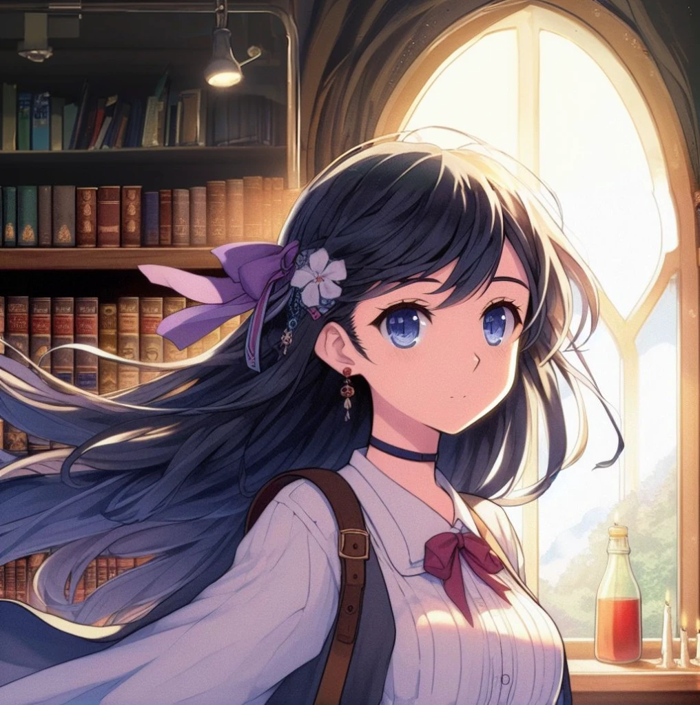 Anime girl with long hair and a book in front of the window, visual novel cg, Anime visuals of cute girls, Light Novel Cover Art, visual novel key visual, epic light novel art cover, Isekai, infinite celestial library, ; visual novel, visual novel, popular isekai anime, MAGIC LIBRARY, alchemist girl