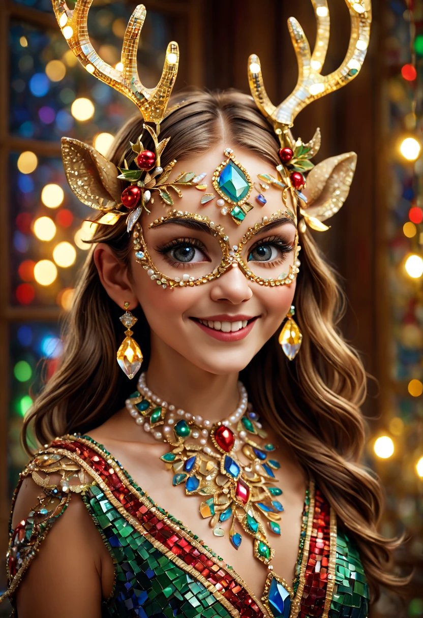 (Mosaic Christmas Mask),one-girl,sparkling detailed eyes,beautifully detailed lipeather),extremely detailed eyes,Cute antlers headdress ,festive smile, pearl necklace,golden mosaic patterns on the mask, delicate craftsmanship, intricate designs, vibrant color palette, high contrast, sharp focus, glossy finish, impressive artistry, holiday atmosphere, intricate mosaic tiles, ornate decorations, magical lighting. (best quality,4k,8k,highres,masterpiece:1.2),ultra-detailed,(realistic,photorealistic,photo-realistic:1.37),portrait,mosaic art,christmas celebration,festive colors,sparkling charm,holiday spirit,glimmering lights,colorful ornaments.