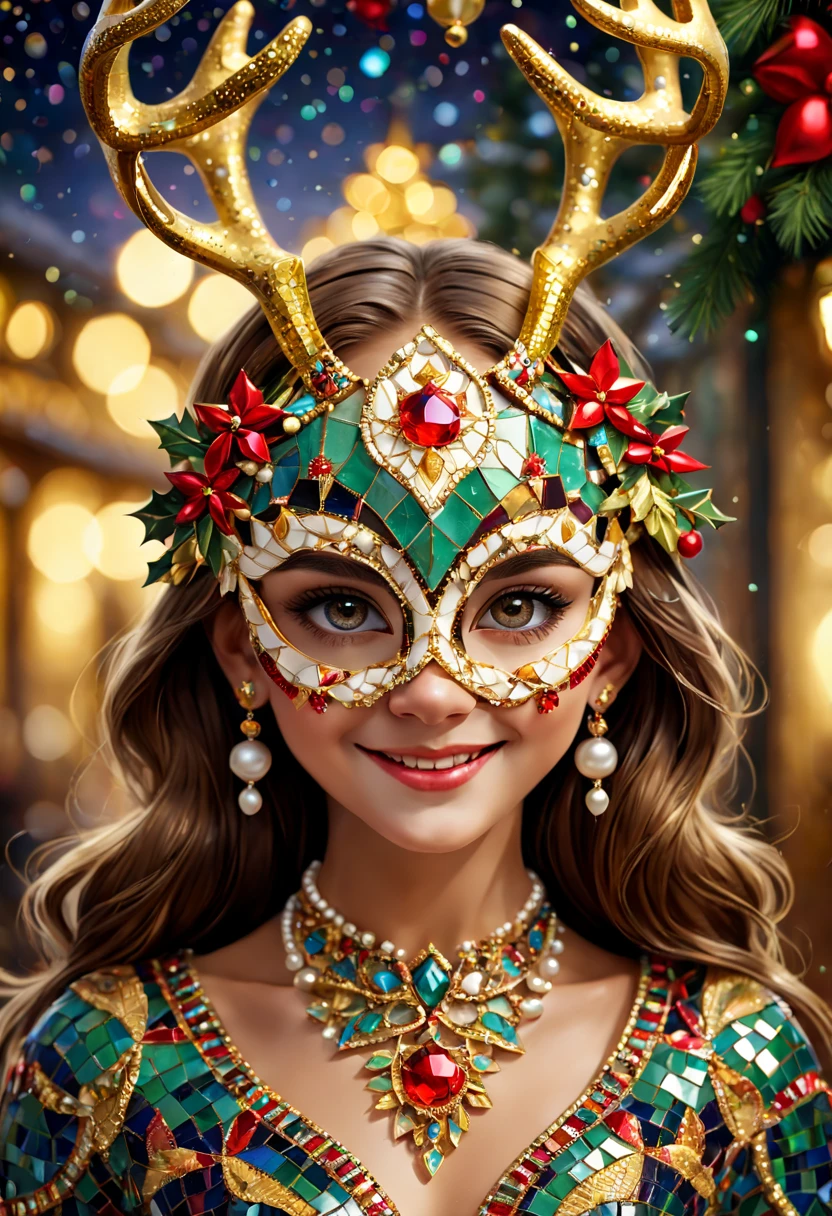 (Mosaic Christmas Mask),one-girl,sparkling detailed eyes,beautifully detailed lipeather),extremely detailed eyes,Cute antlers headdress ,festive smile, pearl necklace,golden mosaic patterns on the mask, delicate craftsmanship, intricate designs, vibrant color palette, high contrast, sharp focus, glossy finish, impressive artistry, holiday atmosphere, intricate mosaic tiles, ornate decorations, magical lighting. (best quality,4k,8k,highres,masterpiece:1.2),ultra-detailed,(realistic,photorealistic,photo-realistic:1.37),portrait,mosaic art,christmas celebration,festive colors,sparkling charm,holiday spirit,glimmering lights,colorful ornaments.