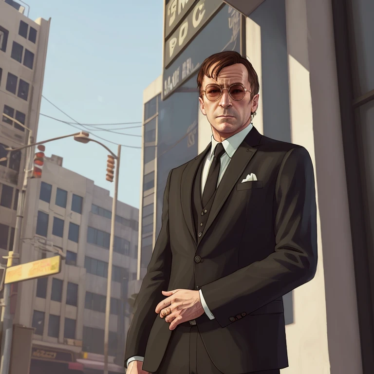 best quality, artwork-gta5 heavily cartoonish stylized portrait, (hyperdetail:1.15), (soft light, sharpness:1.2), action pose, action shot, , (John Lennon:1.2) in black suit, near bank entrance, gtaV, gta5