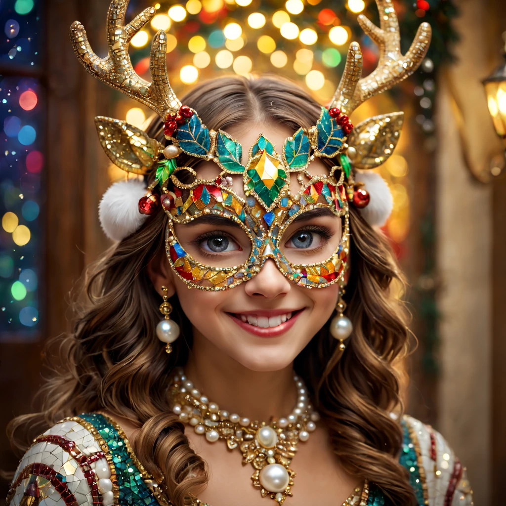 (Mosaic Christmas Mask),one-girl,sparkling detailed eyes,beautifully detailed lipeather),extremely detailed eyes,Cute antlers headdress ,festive smile, pearl necklace,golden mosaic patterns on the mask, delicate craftsmanship, intricate designs, vibrant color palette, high contrast, sharp focus, glossy finish, impressive artistry, holiday atmosphere, intricate mosaic tiles, ornate decorations, magical lighting. (best quality,4k,8k,highres,masterpiece:1.2),ultra-detailed,(realistic,photorealistic,photo-realistic:1.37),portrait,mosaic art,christmas celebration,festive colors,sparkling charm,holiday spirit,glimmering lights,colorful ornaments.