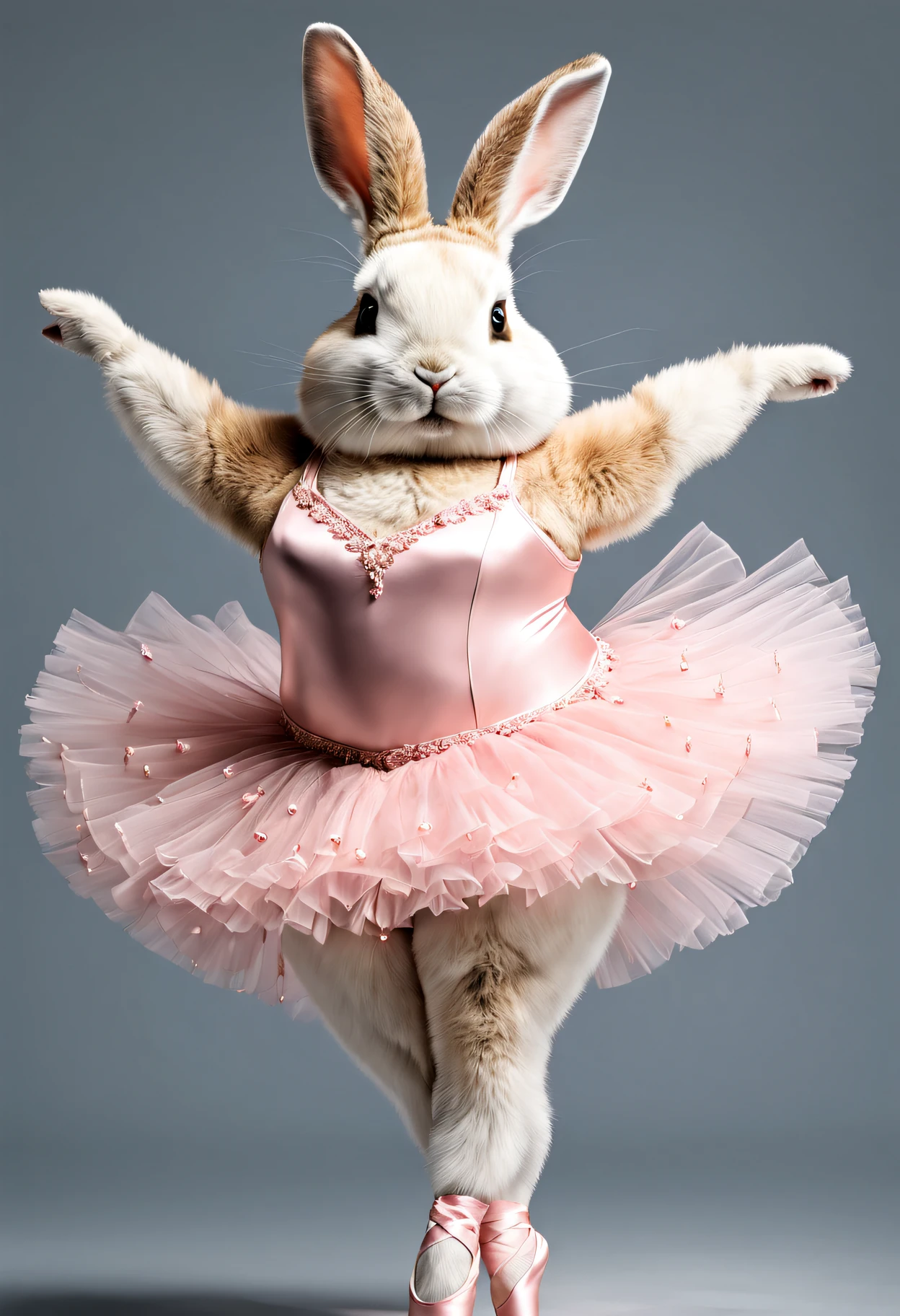 photorealistic portrait of Dressed animals - a fat rabbit ballet dancer,( ballet action posing), fluffy body, high quality,(lovely) ,intricate details, highly detailed ballet costume ,tutu, (happy), studio lighting,(full body image:1.5)