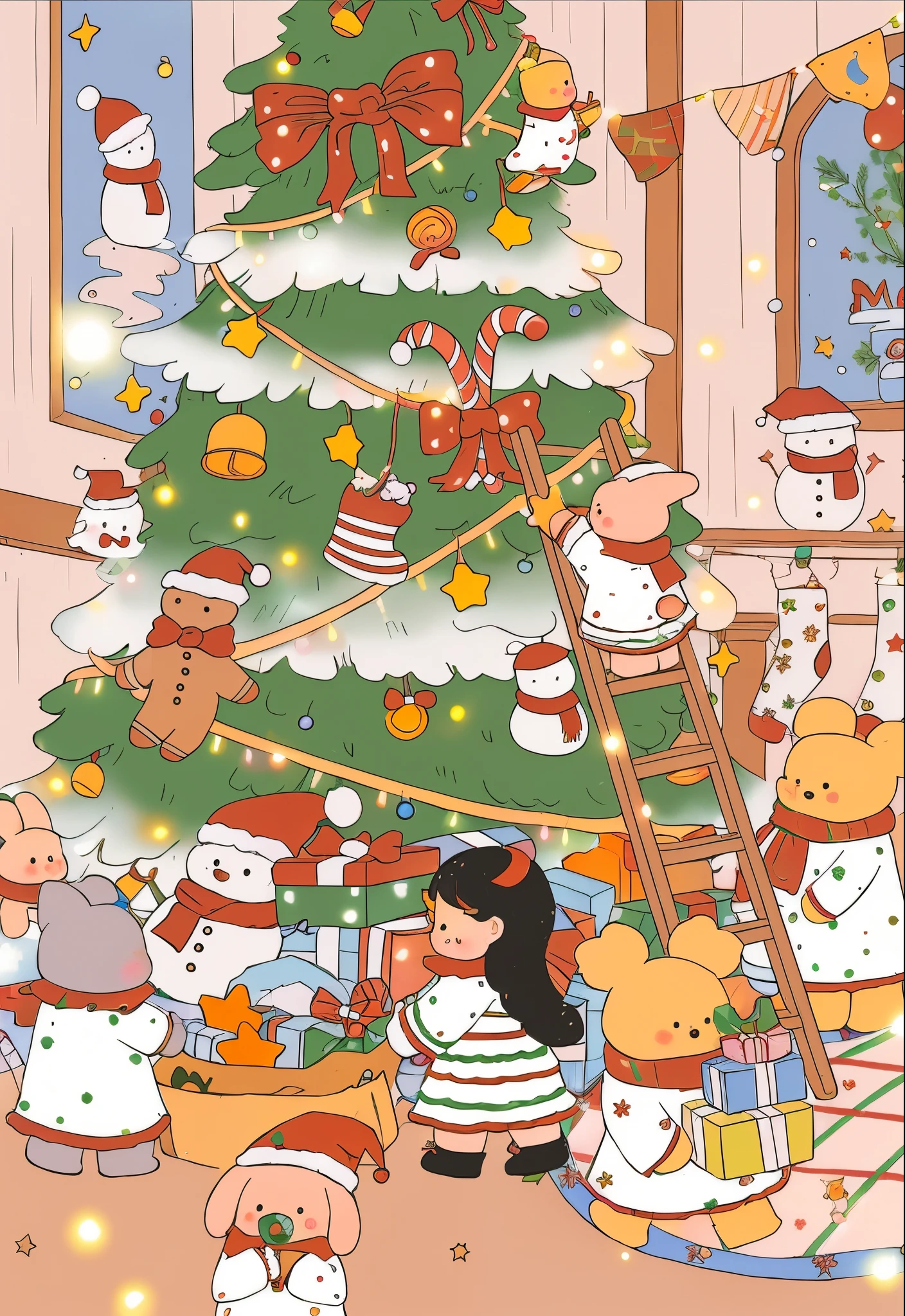 Character decorating Christmas tree with ladder,  Comfortable wallpaper, cute illustration, Home page background, Christmas Eve, Happy!!!, official fan art, Wallpapers!, leaked image, Cute big breasts, Christmas tree, Cute colorful illustration, cute storybook illustration, winter time, color spread