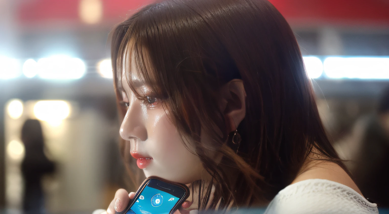 ​masterpiece、top-quality、hyperdetailed face、ultra-detailed hair、red clothing、station、Holding your smartphone in one hand、gazing into distance、crying how bright、profile