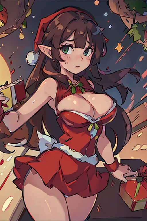 masterpiece, best quality, 1 solo girl, dark brown hair, emerald green eyes, elf ears, very long hair, very wavy hair, Christmas ornaments, very , mature body and face, red santa dress, christmas, christmas light, christmas tree, red gloves, red santa skirt, holding gift, red , red , leg up, cowboy shots,  pose, dakimakura, detailed body, face, and eyes, sharp focus, vibrant, creative, dynamic, high definition, high resolution, 8k, (Upscale: R-ESRGAN 4x+ Anime6B), (Image enchance:4x),  body, Holding a gift box with other people in the background in Christmas scene, Christmas, Christmas_A light, Christmas_ornaments, Christmas_tree, standing at attention,diffractive_spikes, glint,spark of light, Red_santa_bikini of, santa_long boots, Red_santa_The costume, Red_santa_Dress, Red_santa_gloves, santa_hat, Short_Dress, Jewelry,earrings,gloves, dark brown_hair, 1 girl, 20yr old,maturefemale,Beautiful Finger,Beautiful long legs,Beautiful body,Beautiful nose,Beautiful character design, Perfect eyes, Perfect face, Looking at Viewer, (Big_Eyes:1.0),(light_Smile:0.7), ,Official art,the Extremely Detailed CG Unity 8K Wallpapers, Perfect Lighting,Colorful, Bright_front_Face_Lighting, (masutepiece:1.0),(best_quality:1.0), 超A high resolution,4K,Ultra-detailed, Photography, 8K, nffsw, hight resolution, absurderes:1.2, Kodak Portra 400, Film grain, Blurry background, Bokeh:1.2, Lens Flare, (Vibrant_Color:1.2) (Beautiful,Large_:1.4), (Beautiful_Face:1.5),(narrow_waist),