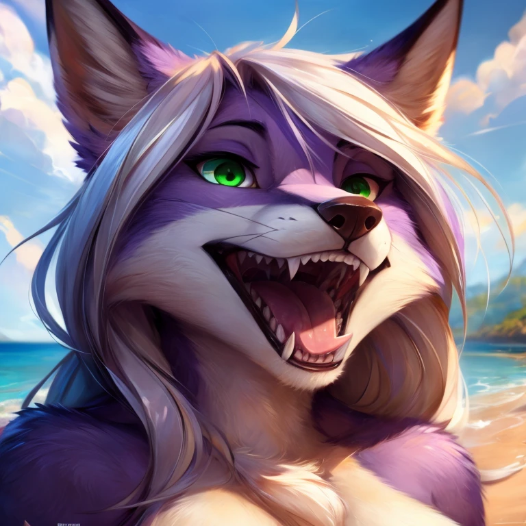 fox, female, (light purple fur), sexy, fit body, beach, high detail, UHD, high details, anatomically correct, super detail, 8k, best quality, masterpiece, high detail, intricate detail, long hair, white hair, green eyes, by Einshelm, white belly, chest tuft, maw, imminent vore, mawshot, close-up, ((purple face)),