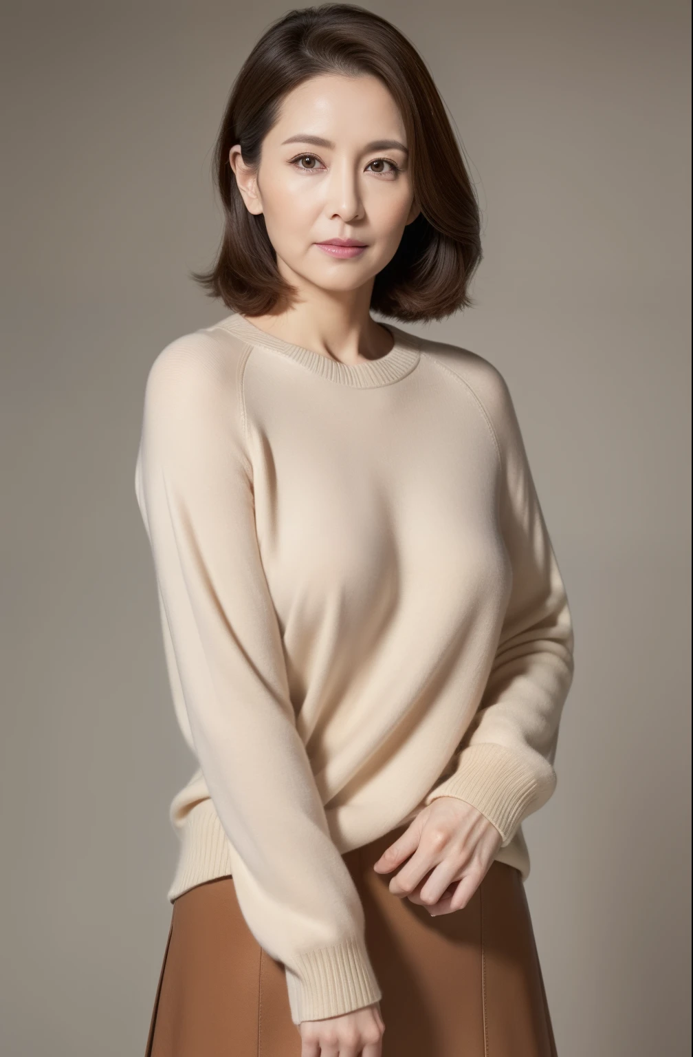 masuter piece, top-quality, ​masterpiece, hight resolution, Photorealsitic, Raw photography, 8k wallpaper, flawless, profetional lighting, ighly detailed, depth of fields,Pale solid color background, ((One beautiful woman)), ((85 years old)), Female sexy, Detailed face, beautidful eyes, bangss, small breasts of good shape, Light Brown Straight Hair, Faint lips, ((Stand facing forward and look into the viewer&#39;s eyes with a serious face.)),Sweaters, skirt by the, Feet out of frame