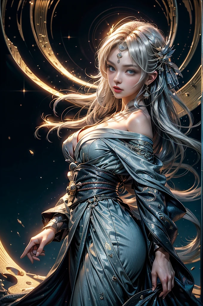(Photoreal Stick:1.4, masutepiece:1..3, 8K), top-quality, masterpiece, 超A high resolution, Perfect dynamic composition, Professional camera work, Grow Light Effect, Realistic portrait, Cinematic Light, Highly detailed skin and facial texture:1.3, The ultra-detailliert, A detailed eye, cosmic space, (Fanciful:1.3, dream:1.2, tradition:1.2, majestueux:1.2), 1girl in, 25-years old, cute sexy slim female god, Fair skin, (Enraptured look:0.9, Totally captivates you:1.0), (silver japanese kimono:1.3 off shoulder), (voluptuous breasts:0.9), (Backshots, Calm pose), (Beautiful blue eyes, Eyes that feel beautiful eros:0.85), Sexy face:0.4, (A mouthfeel that feels beautiful eros:0.85), ((Too cute beauty:0.9))
