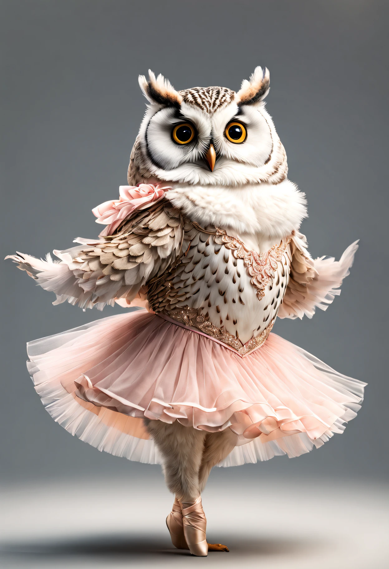 photorealistic portrait of Dressed animals - a fat owl ballet dancer,( ballet action posing), fluffy body, high quality,(lovely) ,intricate details, highly detailed ballet costume ,tutu, (happy), studio lighting,(full body image:1.5)