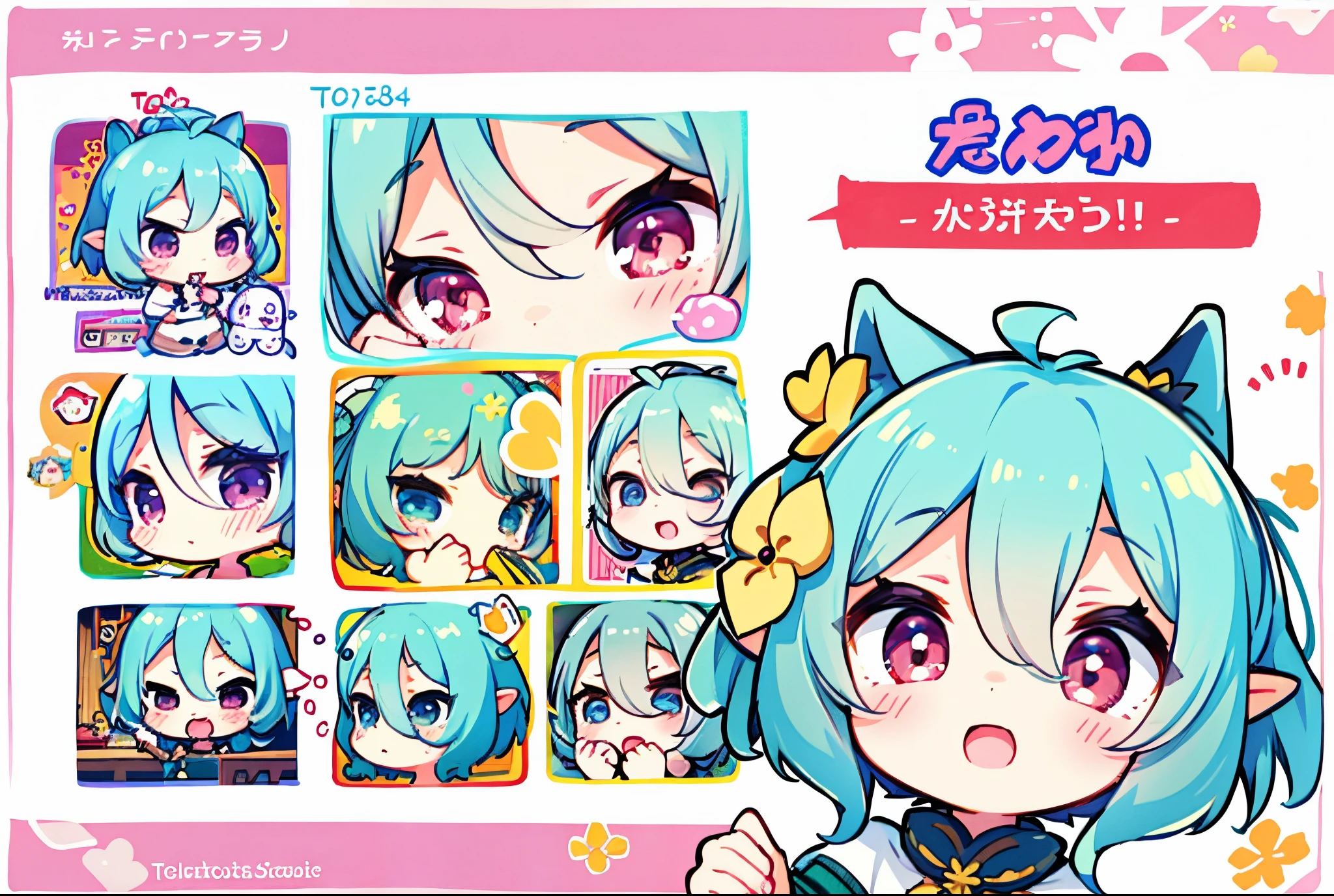 a close up of a cartoon character with various expressions, twitch emote, emote, telegram sticker design, telegram sticker, cute!! chibi!!! catgirl, female furry mini cute style, anime moe artstyle, set of high quality hd sprites, ig studios anime style, high quality anime artstyle, chibi, cute art style, high quality character design