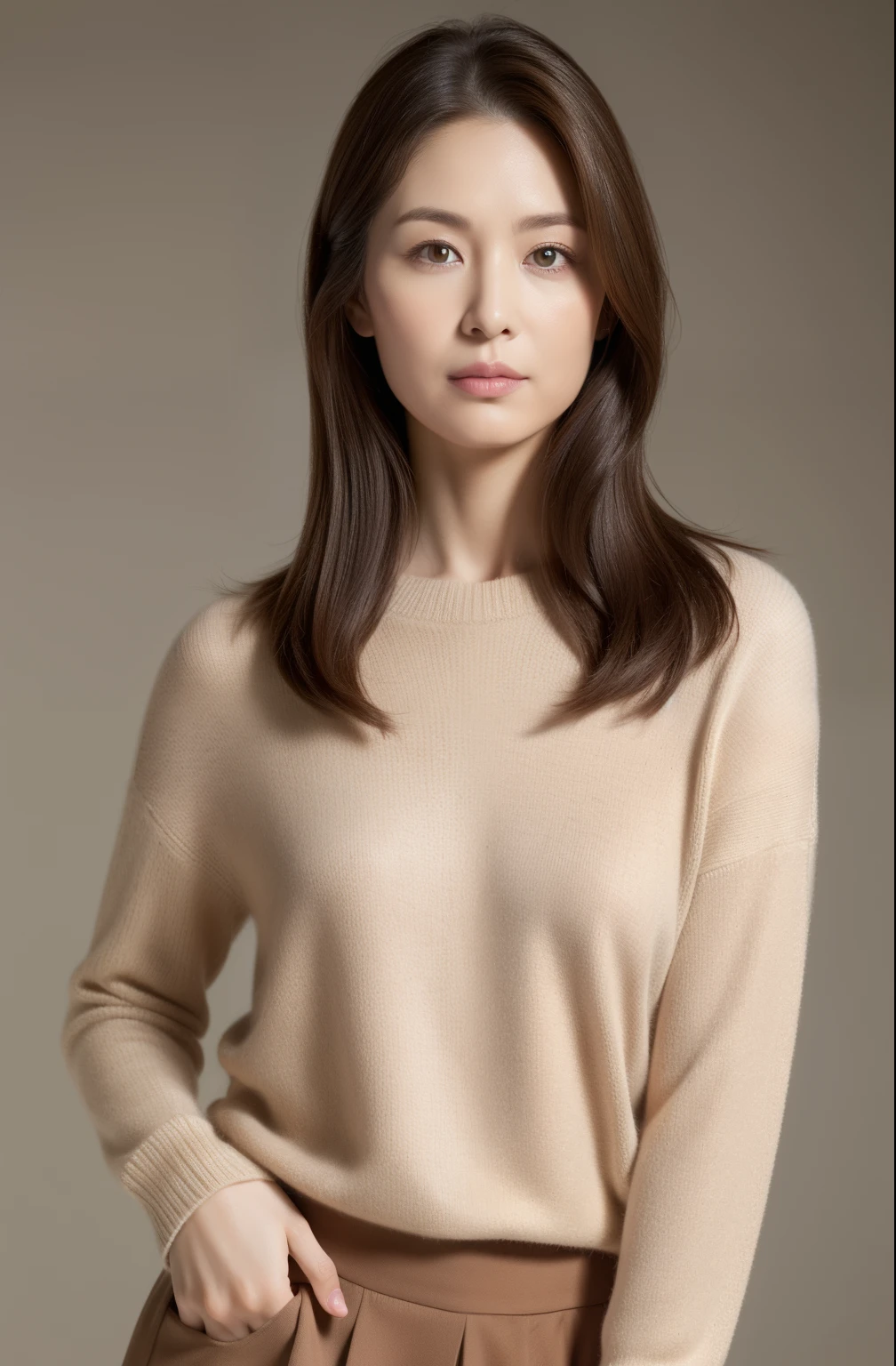 masuter piece, top-quality, masterpiece, hight resolution, Photorealsitic, Raw photography, 8k wallpaper, flawless, profetional lighting, ighly detailed, depth of fields,Pale solid color background, ((One beautiful woman)), ((40 years)), Female sexy, Detailed face, beautidful eyes, bangss, small breasts of good shape, Light Brown Straight Hair, Faint lips, ((stand facing forward、Staring at the viewer, serious face eyes.)),Sweaters, skirt by the, foot out of frame