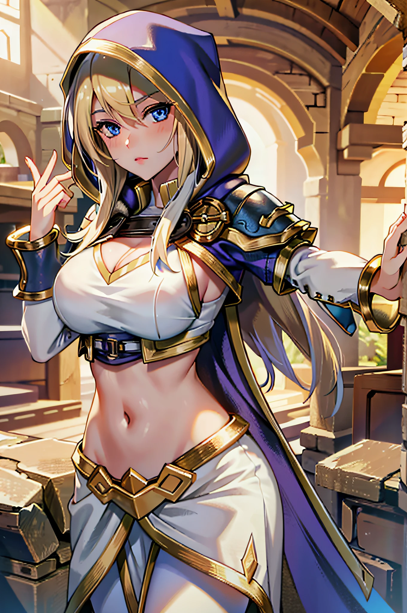 Jaina proudmoore, 1 girl, solo, long hair, breasts, blonde hair, large breasts, tummy, hood, cape, armor,