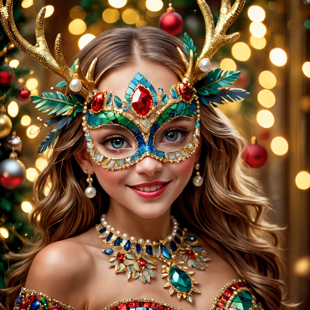 (Mosaic Christmas Mask),one-girl,sparkling detailed eyes,beautifully detailed lips,Feather,extremely detailed eyes,Cute antlers headdress ,festive smile, pearl necklace,golden mosaic patterns on the mask, delicate craftsmanship, intricate designs, vibrant color palette, high contrast, sharp focus, glossy finish, impressive artistry, holiday atmosphere, intricate mosaic tiles, ornate decorations, magical lighting. (best quality,4k,8k,highres,masterpiece:1.2),ultra-detailed,(realistic,photorealistic,photo-realistic:1.37),portrait,mosaic art,christmas celebration,festive colors,sparkling charm,holiday spirit,glimmering lights,colorful ornaments.