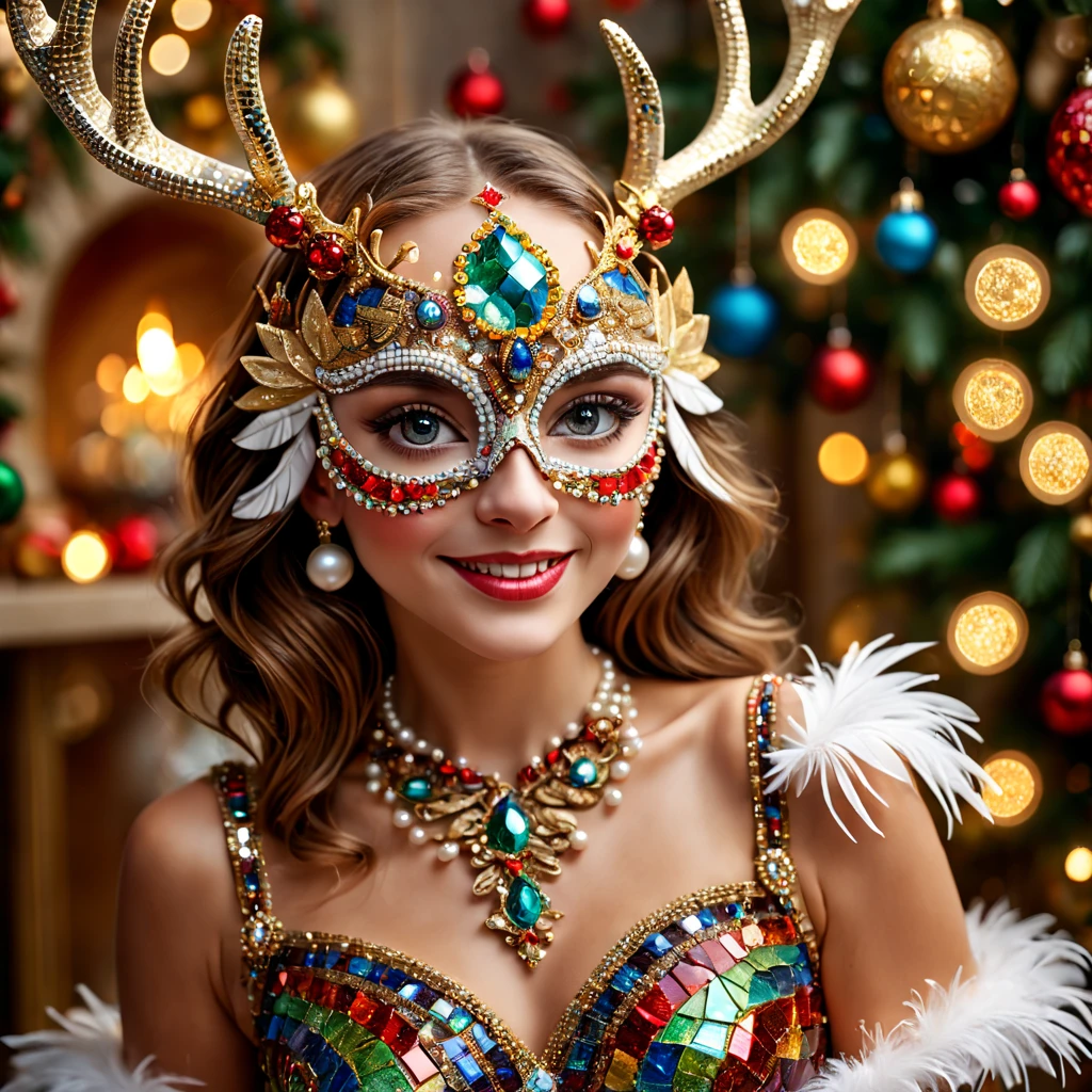 (Mosaic Christmas Mask),one-girl,sparkling detailed eyes,beautifully detailed lips,Feather,extremely detailed eyes,Cute antlers headdress ,festive smile, pearl necklace,golden mosaic patterns on the mask, delicate craftsmanship, intricate designs, vibrant color palette, high contrast, sharp focus, glossy finish, impressive artistry, holiday atmosphere, intricate mosaic tiles, ornate decorations, magical lighting. (best quality,4k,8k,highres,masterpiece:1.2),ultra-detailed,(realistic,photorealistic,photo-realistic:1.37),portrait,mosaic art,christmas celebration,festive colors,sparkling charm,holiday spirit,glimmering lights,colorful ornaments.