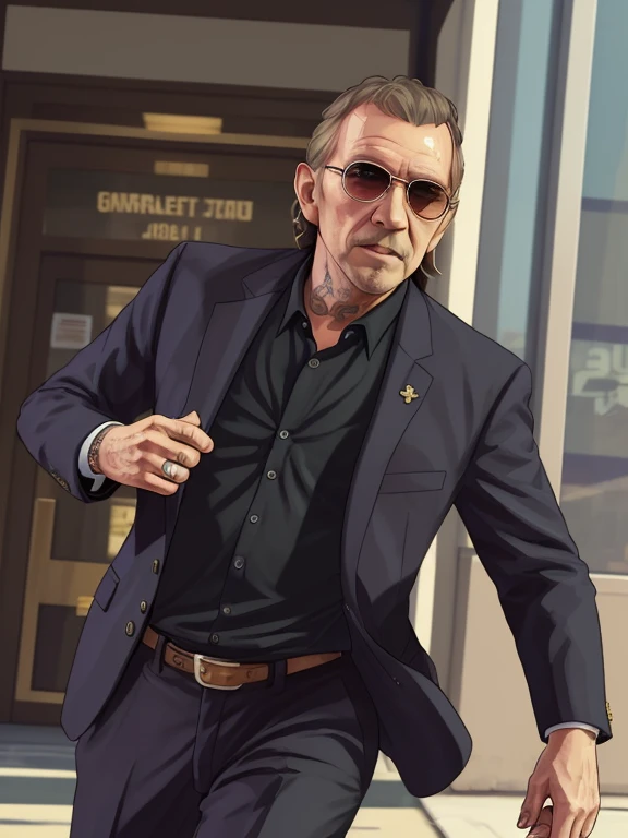 best quality, artwork-gta5 heavily cartoonish stylized portrait, (hyperdetail:1.15), (soft light, sharpness:1.2), action pose, action shot, (George Harrison:1.4) in black suit, near bank entrance, gtaV, gta5