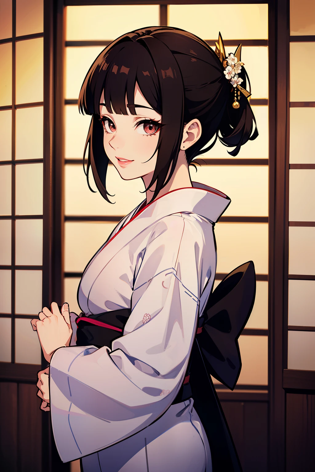 (high-quality, breathtaking),(expressive eyes, perfect face) (((yukata, sexy lips)), 1girl, female, solo, young adult, brown hair, black coloured eyes, stylised hair, gentle smile, short length hair, loose hair, side bangs, tied up, japanese clothing, elegant, soft make up, hair pin accessory in hair, pigtails, demon slayer art style