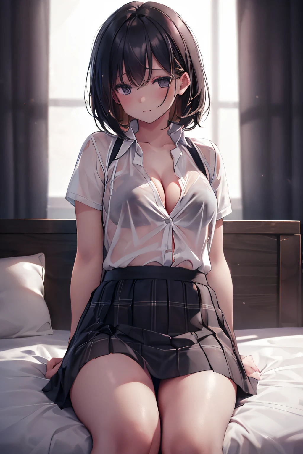 (school uniform), white shirt, see-through, short sleeves, mini skirt, Black plaid skirt, (undressing), (all open buttons shirt), (Half-naked), breast cleavage, stomach, Authentic shiny skin texture, Soaked skin, radiant skin, bed, bed room, (Sit on the bed), (((((night))))), (((((darkened room))))), one girl, black hair, medium breasts, thighs, verge of tears, (swet), (wet skin), (wet clothes), ((erotic)), ((sensual)), (simple background), (Close-up of a girl), cinematic lighting, beautiful detailed girl, beautiful detailed glow, 4K illustration, masterpiece, best quality, by top artist, by famous artist, by plo artist