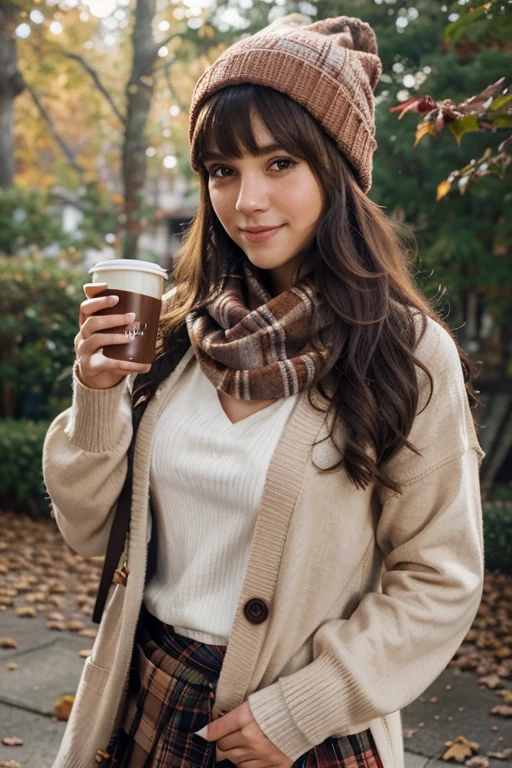 1girl, autumn leaves, bangs, black headwear, blurry background, blush, brown eyes, brown hair, brown scarf, brown skirt, cardigan, coffee, cowboy shot, cup, disposable cup, drink, falling leaves, beanie, holding, holding drink, leaf, long hair, long sleeves, looking at viewer, open cardigan, open mouth, plaid, plaid skirt, puffy long sleeves, red sweater, scarf, shirt, shirt tucked in, sidelocks, skirt, smile, solo, sweater, white shirt, extremely detailed, intricate, masterpiece, absurdres