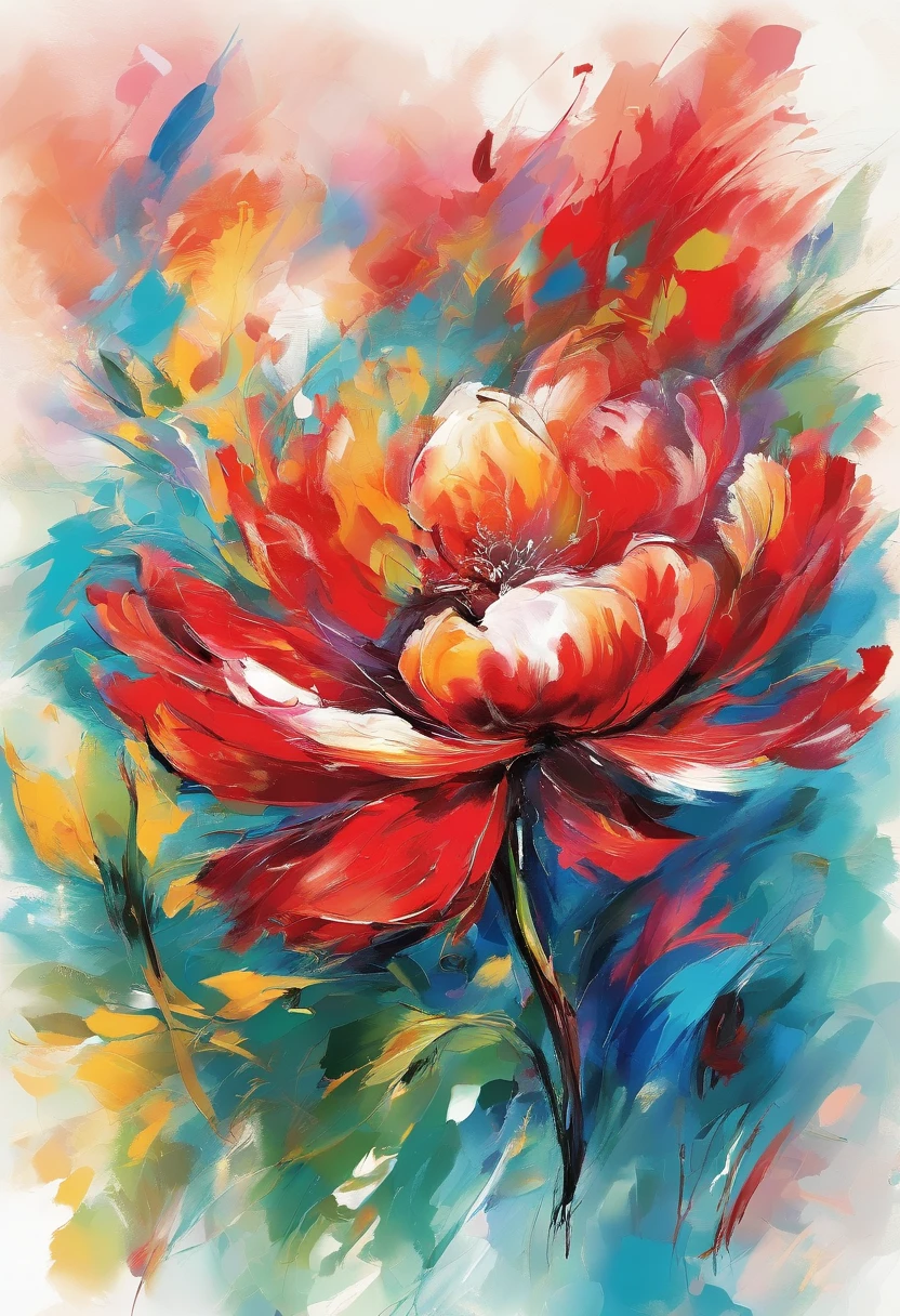 Draw an abstract painting of a single flower.,bright red peony flower、use acrylic paint、Abstract artist known for his unique use of acrylic pouring, real brush strokes，aesthetic composition，Minimal style, hali々Smooth brushstrokes、gorgeous shape、Bright red peonies symbolize pride and dignity...............、express feelings of pride、Rich and powerful colors that are the main colors of the work.、Add moist compacted sand、Enhances the texture and tactile elements of your artwork, While staring at this image, oot、Interaction of color and texture、Proudly、Immerse yourself in an elegant atmosphere、full of pride