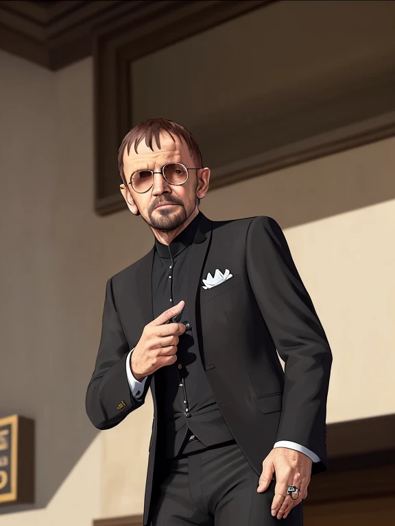 best quality, artwork-gta5 heavily cartoonish stylized portrait, (hyperdetail:1.15), (soft light, sharpness:1.2), action pose, action shot, (Ringo Starr:1.4) in black suit, near bank entrance, gtaV, gta5