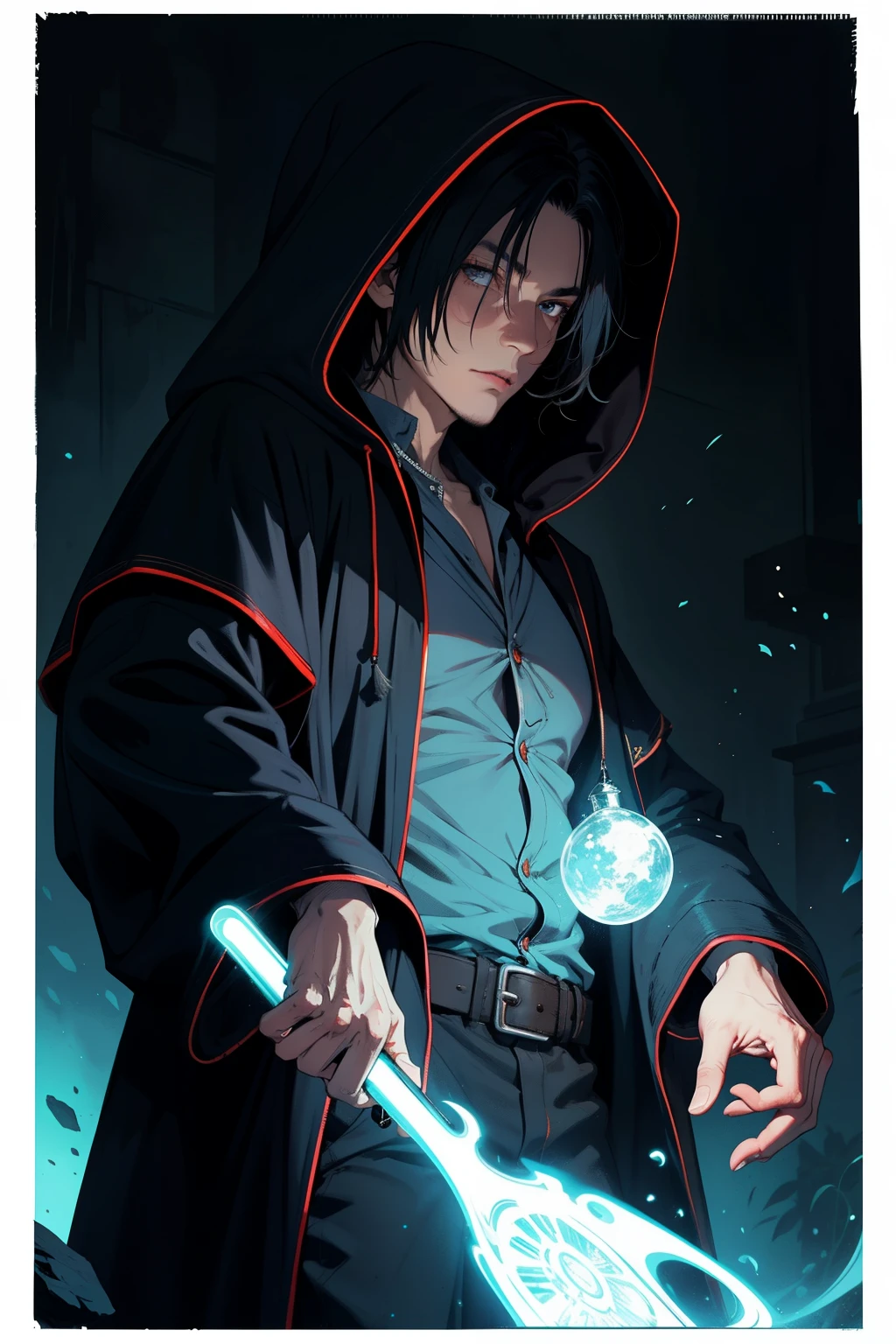 man mysterious elf assassin arcane trickster rogue dark robe hooded short black hair, casting a magic