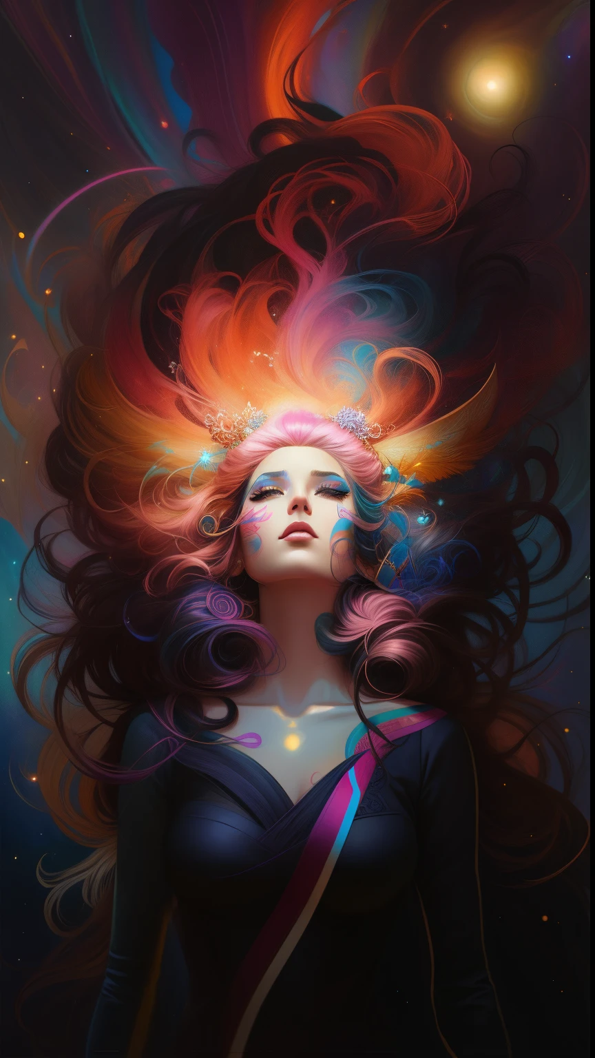 a painting of a woman with her hair blowing in the wind, Jen Bartel, Beeple e Jeremias Ketner, Pedro Mohrbacher'', portrait of a cosmic goddess, Anna Dittman, Artgerm Julie Bell Beeple, psychedelic goddess, James Jean e Peter Mohrbacher, Estilo Peter Mohrbacher