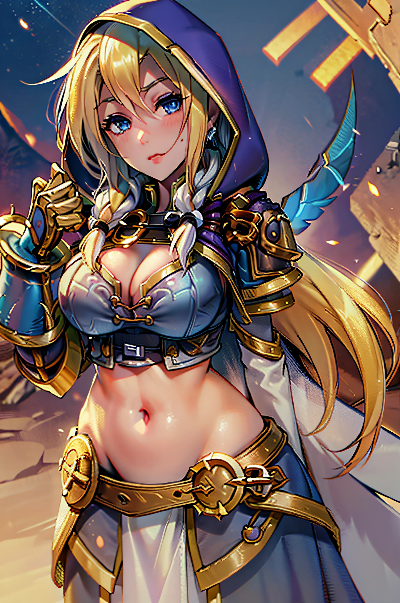 Jaina proudmoore, 1 girl, solo, long hair, breasts, blonde hair, large breasts, tummy, hood, cape, armor, long skirt, crop top