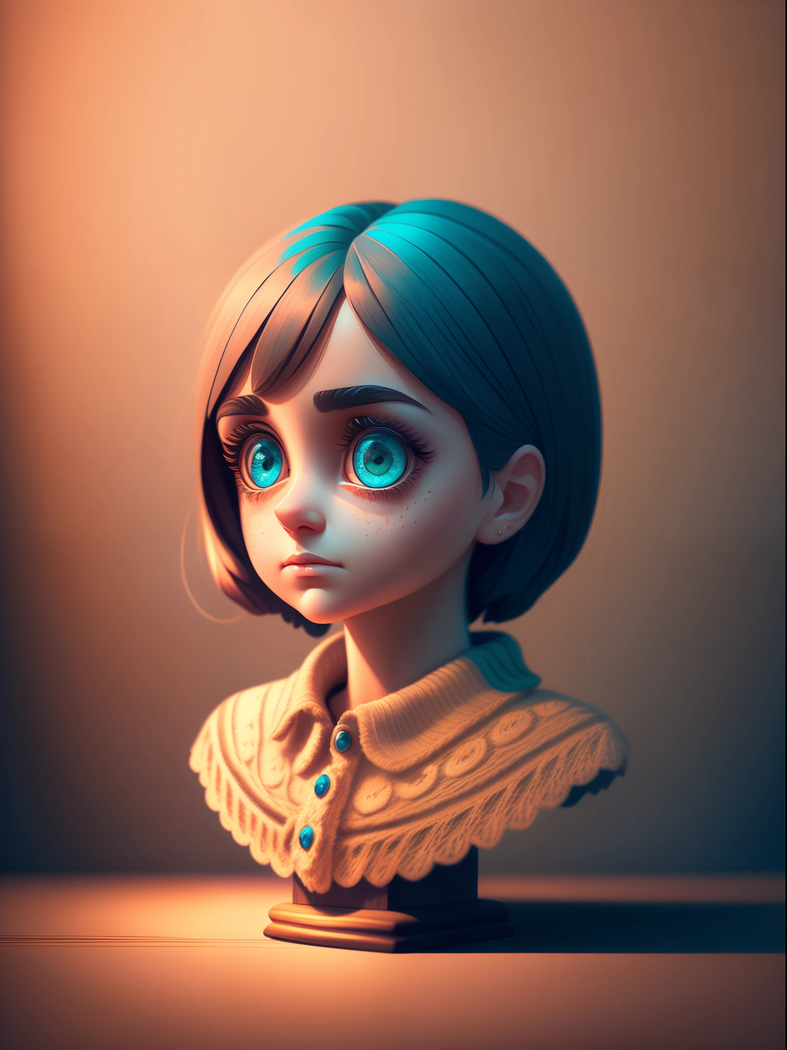 (Best quality at best,4K,A high resolution,tmasterpiece:1.2),ultra - detailed,(actual,realisticlying,Photorealistic:1.37),middling:pixar-style, Melancholic, Neil, twisted, crawling, (big eyes bust)), Salvador Dal paintings have a Tim Burton-esque feel, (Draw one, tmasterpiece, high qulity), With sad girl, Exquisite details highlight her beauty, intense atmosphere, pastelcolor, gentlesoftlighting.