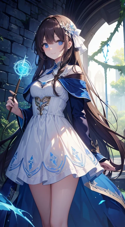 1girl, long brunette hair, big blue eyes, smiling, looking at viewer, holding a long wooden wand, intricate white dress, thighs, ruins, vines, trees, blue light particle, (magic:1.2), masterpiece, 8K, high contrast, perfect lighting, perfect clothes, perfect anatomy, perfect eyes, perfect face, sharp resolution