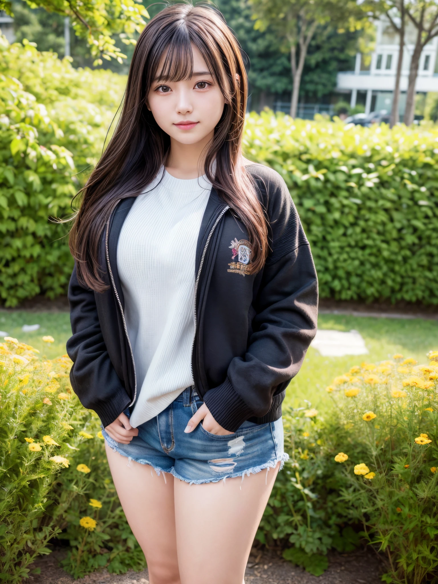 8K, highres, absurdres, masterpiece, best quality, high quality, detailed, ultra detailed, hyper detailed, insanely detailed, field of flowers, a girl, happy, smiling, standing, looking at viewer, long hair, brown hair, black hair, droopy eyes, tareme, shiny skin, detailed skin, detailed face, glamorous, beautiful breasts, beautiful ass, shorts, sweater, jacket, curvy, 20-year-old, japanese, Happy Scene, in the aquarium, photorealistic, ultra realistic photo, raw photo, cowboy shot, from front, upper body, sunlight, depth of field, sharpen, black and white