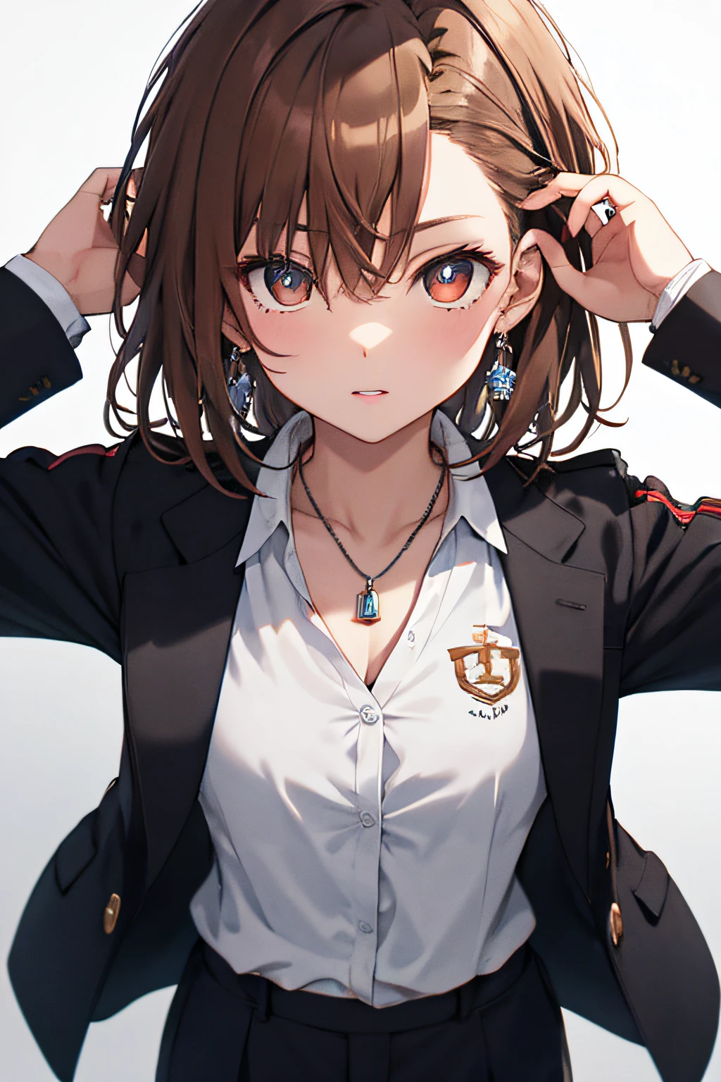 tmasterpiece, Mejor calidad, Misaka_Mikoto, with brown eye, corto_cabello, El grande_Aumento de senos, Mirando a Viewert, solo, cerrado_boca, Collares_camisa, escuela_uniforme, Camisas, blanqueado_camisa, , Aula con cuerpo Minifaldas,La mejor calidad, High resolution, Unidad 8K Fondo de pantalla, (hermosos ojos detallados:1.6), Cara extremadamente detallada, Perfect lighting, CG extremadamente detallado, (Manos perfectas, Perfect )