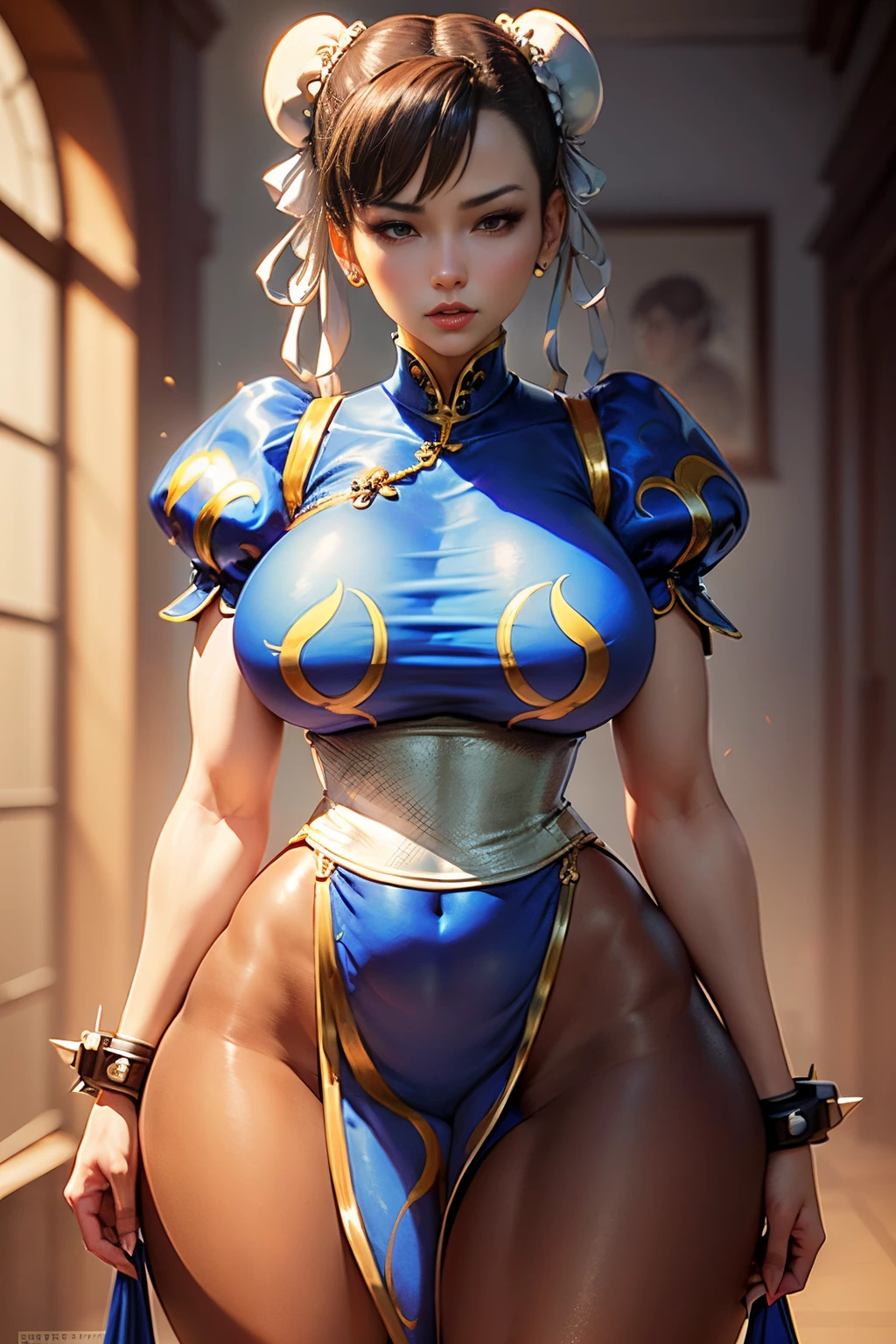 Masterpiece, best quality, ultra detailed, 8k, !( beautiful Chun li  in her classic outfit, perfect body, big thighs )