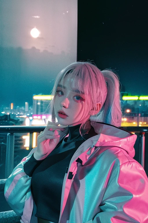 lucy \(cyberpunk\), 1girl,  hair scrunchie, hime cut, silver hair, colored tips, full moon, grey eyes, jacket, long sleeves, looking at viewer, medium hair, multicolored hair, parted bangs, parted lips, pink hair, portrait, red eyeliner, red lips, solo, white jacket, cyberpunk \(series\), rainy night in a cyberpunk city with glowing neon lights