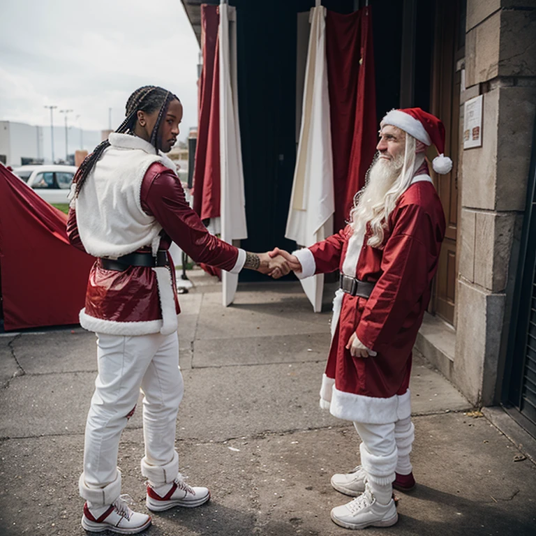 White Santa claus shaking hands with Travis scott